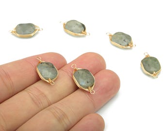Labradorite Faceted Natural Stone Earring Connectors - Brass Wire Wrapped Square Bracelet - Gold Tone Plated Brass – 21.8x10.9x4.9mm–NS1655E