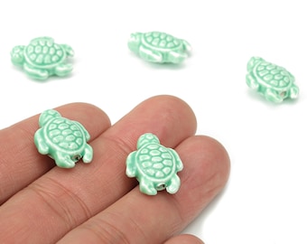 Glazed Ceramic Turtle Beads - Green Carved Turtle Beads - Handmade Beads - Bracelet Beads - Connectors Beads - 18.86x14.95x8.13mm - NS1836C