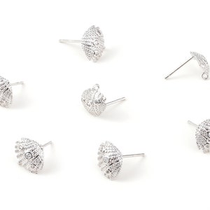Brass Mussel Shell Charms - Brass Mussel Shell Earring Post - 18K Real White Gold Plated Brass - 11.58x9.93x1.56mm - RGP1073