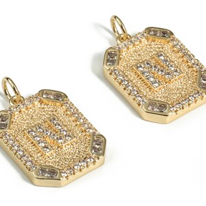 Messing Viereck Buchstabe N Ohrring Charm mit Zirkonen - 18k Echt vergoldetes Messing - Initial N Gold Quadrat Anhänger - 22,89x13,97x2,7mm - RGP3135N
