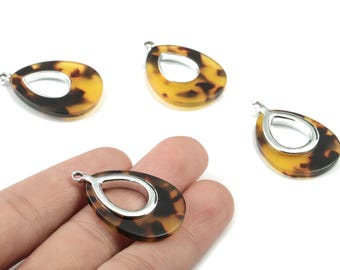 Colgante de aleación de acetato para pendientes - Colgante de carey con marco de aleación de plata - Colgante de carey - 35,11 x 24,42 x 3,98 mm - AC1182-A02S