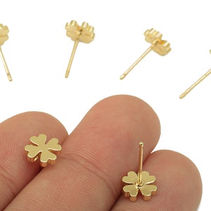 Brass Clover Earring Stud Four-Leaf Clover Earring Post 18K Real Gold Plated Jewelry Supplies-Earring Findings-8x8x2mm-RGP5931G image 3