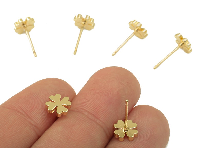 Brass Clover Earring Stud Four-Leaf Clover Earring Post 18K Real Gold Plated Jewelry Supplies-Earring Findings-8x8x2mm-RGP5931G image 3