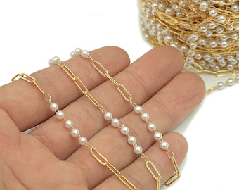 Brass Pearl Beaded Chain - Textured Oval Rectangle Cable Chain - For Necklace - For Bracelet - 18K Real Gold Plating - 3.3x3.3x2.9mm-RGP5656