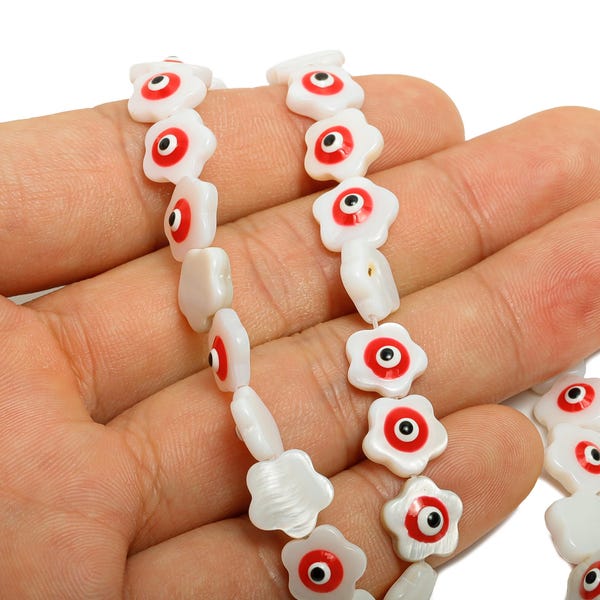 Cuenta de flor con ojo turco rojo de concha marina - 4,7 metros/1 hebra - Cuentas decorativas de ojo esmaltadas - Cuenta espaciadora boho hecha a mano - 10,5 x 11 x 3 mm - SF1186