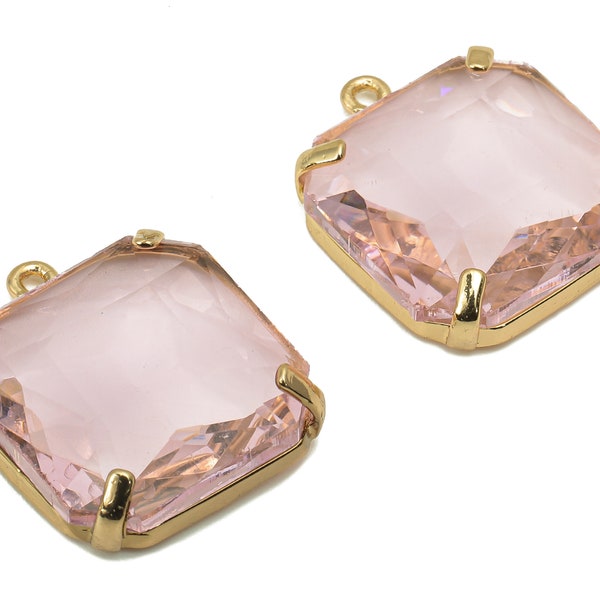 Brass Frame Pink Square Pendant - Square Earring Charm - Faceted Clear Pink Glass - Gold Tone Plating - 22.4x18.5x5.8mm - GS1152B