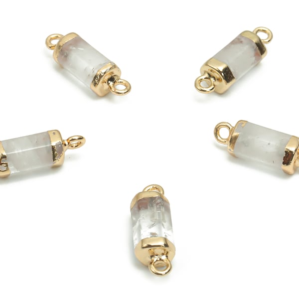 White Jade Cylinder Faceted Connector - Brass Stick Charms and Pendant - Natural Stone - Gold Tone Plated Brass – 19.94x6.32x6.3mm – NS1611A