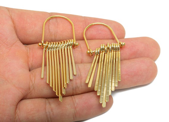Gold Fringe Earring Charm - Brass Tassel Textured Hammered Charm - Dangle Artistic Jewelry - 18K Real Gold Plating - 65x24x5.3mm - RGP9355