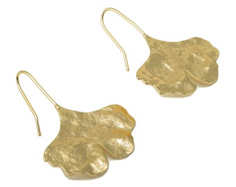 Brass Wires Ginkgo Earring - Brass Ear Leaf Earring -Textured Botanical Earring- 18K Real Gold Plating - 37.34x 29.27x 1.24mm - RGP6077