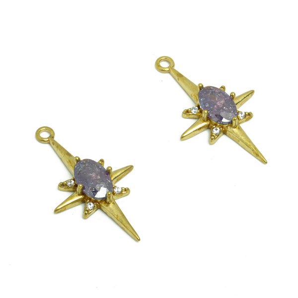 Brass Star Earring Charm - Raw Brass Purple Star Zircon Pendant - Brass North Star Zircon Charm - Jewelry Supplies - 21.18x12x3.4mm- PP8957