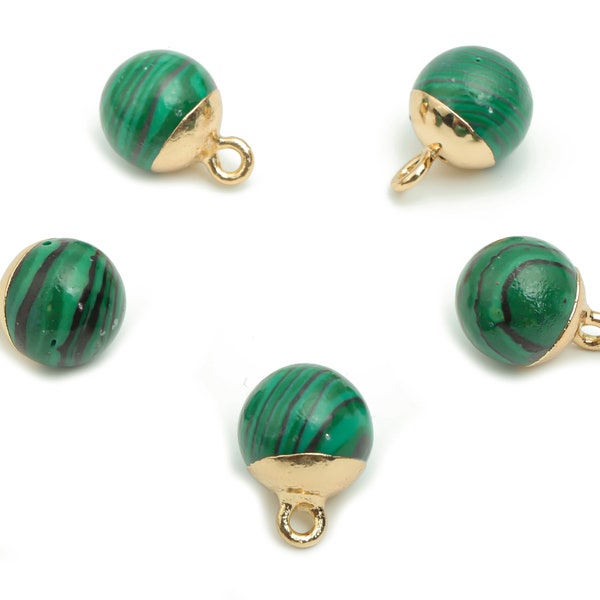 Malachite Ball Beads Earring Charms - Pendentif en perles de laiton - Boucle de fer - Pierre naturelle - Laiton plaqué or – 14.58x10.8x10.8mm – NS1578E