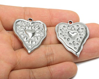 Stainless Steel Heart Charms - Hammered Modern Heart Pendant for Necklace - Romantic Heart Jewelry - Steel Finding - 35.94x29x2.7mm - SS2049
