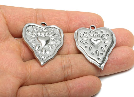 Stainless Steel Heart Charms - Hammered Modern Heart Pendant for Necklace - Romantic Heart Jewelry - Steel Finding - 35.94x29x2.7mm - SS2049