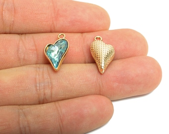 Heart Crystal Bracelet Charm - Textured Brass Crystal Dual-Sided Pendant - Unique Jewelry Component - KC Gold Plated - 19x10x5mm - GS1174