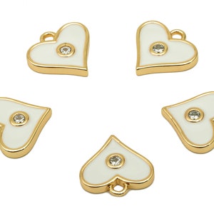 Brass White Mini Heart Earring Charm - Zircon Dots Enamel Heart Earring - Pendant With Loop - 18K Real Gold Plating - 11.4x11.8x2mm-RGP5650C