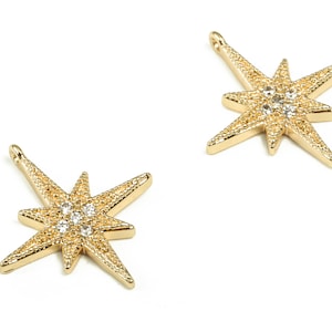 Brass Planet Earring Charms With Zircons - Gold Star Pendant - 18K Real Gold Plated Brass - Jewelry Supplies - 17.83x15.86x1.9mm - RGP3397