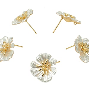 Brass Enamel Flower Earring Post - White Flower Stud Earring With Loop - 925 Silver Stud - 18K Real Gold Plating - 18.3x19.3x1.4mm - RGP5734