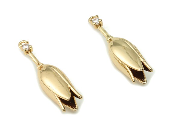 Brass Flower Calyx Earring Charms With Zircon - Gold Tulip