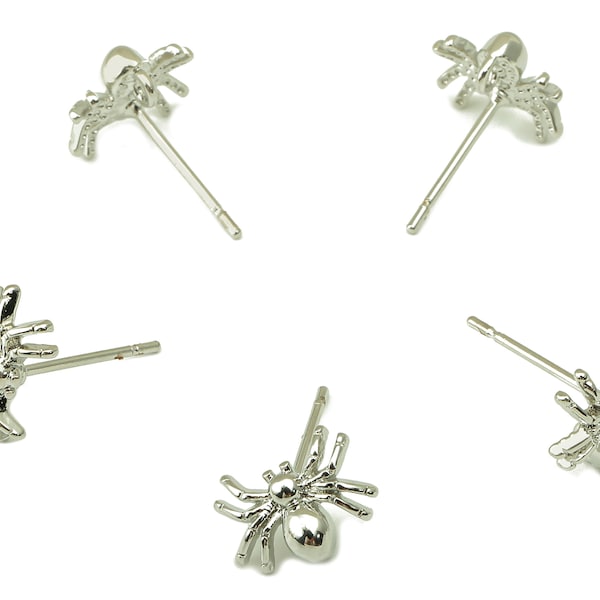 Silver Spider Earring Stud - Animal Earrings with Loop - Steel Stud - Earring Post -18K Real White Gold Plated -10x7.5x1mm-RGP5927S.