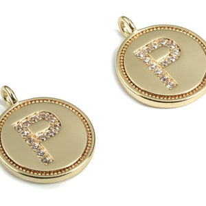 Brass Round Letter P Charm – Initial P Gold Round Pendant – 18k Real Gold Plated Brass Earring Charms – 14.72x11.88x1.39mm - RGP2853P