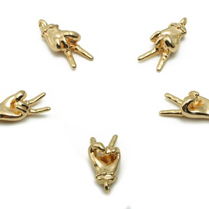 Brass Hand Sign Earring Charms - Gold Hand Victory Pendant - 18K Real Gold Plated Brass - Jewelry Making Supplies - 16.44x7.01x5.2mm-RGP4176