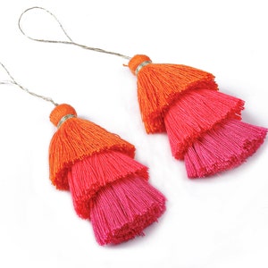 May include: Two layered tassels with a silver cord. The tassels are orange and pink.