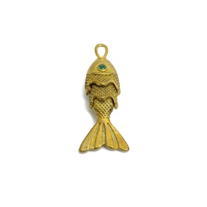 Movable Articulated Fish Charm - Brass Textured Dainty Fish Charm - Cubic Zircon Green Articulated Fish Earring Charm - 22x9x4mm - PP11110