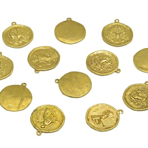Sign Horoscope Charms - Raw Brass Antique Looking Earring - Sign of Zodiac Hammered Pendant - Vintage Looking Charms