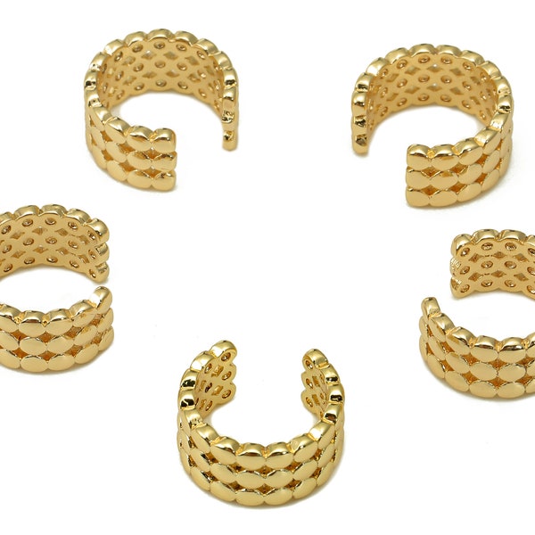 Brass Spot Open Round C Ring - Wide Hollow Hoop Earring Cuff - Circle Dots Ear Cuff - 18K Real Gold Plating - 11.36x10.6x1.1mm - RGP5468