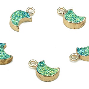 Druzy Crescent Earring Charms - Brass Blue Green Resin Earrings - Moon Pendant With Loop - Gold Tone Plating - 14.02x8.13x3.88mm - RC1213A