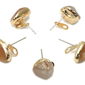 Flower Agate Stud with Loop - Natural Stone Earring Post -  Gold Tone Plated Stone – 316 Surgical Stainless Steel - 9.64x8.8x4.7mm – NS1762L