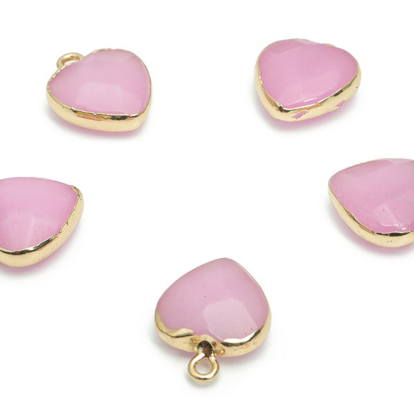 Pink Jade Heart Earring Charms - Brass Wire Heart Pendant - Natural Stone - Gold Tone Plated Brass – 17.57x14.1x6.2mm–NS1604B