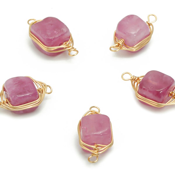 Pink Jade Earring Connector - Brass Wire Wrapped Square Pendant - Natural Stone - Gold Tone Plated Brass – 18.32x7.8x6.98mm – NS1613B