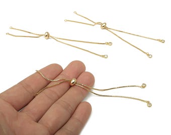 18K Real Gold - Sliding Stopper Adjustable Bracelet With Beads - Box Chain - Half Finished - Cube Chain - 121.87x8.17x4.09mm - RGP4582