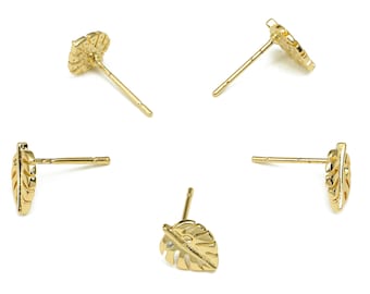 Brass Leaf Earring Post - Gold Leaf Monstera Earring Stud - Stainless Steel Stud - 18K Real Gold Plating - 9.52x7.46x1.16mm - RGP5237
