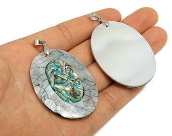 Mother of Pearl Oval Pendant - Iridescent Abalone Shell Pendant - Natural Alloy Cracked Shell Pendant - Craft Making - 53.9x38.9x7mm -EE9008