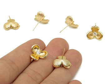Messing Blumen Ohrring Post mit Zirkon - Gold Ohrstecker mit Schlaufe - 18K Echtgold überzogen - 925 Silber Bolzen - 15.4x14.5x2.1 mm - RGP5788