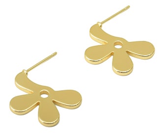 Brass Flower Stud Earring - Brass Flower Earring Post -  Brass Botanical Earring Post - 18K Real Gold Plated - 19x24x2mm- RGP6235