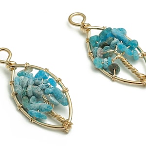 Ciondoli per gioielli in apatite blu - Pietra naturale avvolta in filo - Ciondolo ovale in ferro - Lega placcata oro - 41,97x17,78x6,89 mm - NS1419