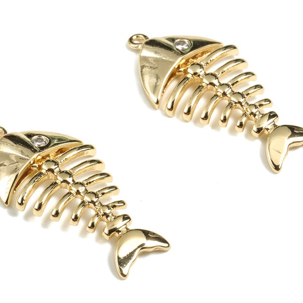 Brass Fish Bone Earring Charms - Gold  Fish Bone Pendant - 18K Real Gold Plated Brass - Jewelry Supplies - 26.64x13.22x2.9mm - RGP2669