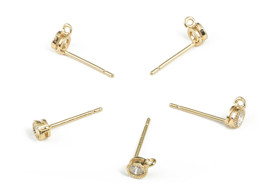 【予約販売品】 Brass Round Earring Post With Zircon - Gold Circle Stud アクセサリー