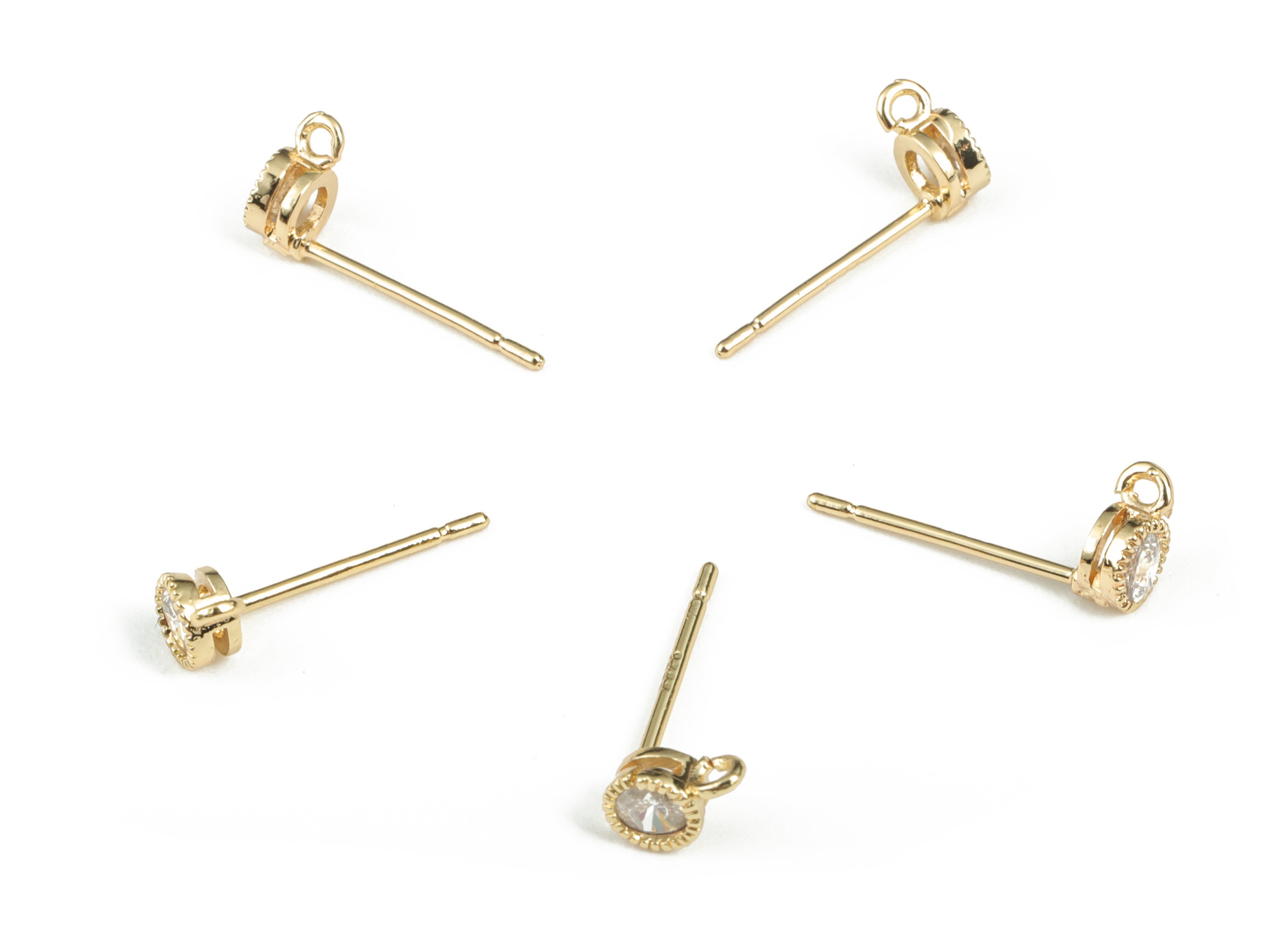 Brass Round Earring Post With Zircon - Gold Circle Stud