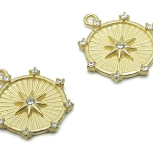 Brass Round Star Earring Charms With Zircons - Raw Brass Circle Star Pendant - Jewelry Making Supplies - 17.94x15.77x1.85mm - PP4950