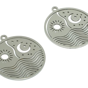 Roestvrijstalen ronde zon maan ster golven bedels - roestvrij staal The Sun Shines On The Sea-hanger - 32,6 x 29,8 x 0,9 mm-SSZS0020