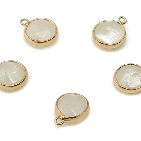 Clear Quartz Round Charms - Brass Circle Pendant - Natural Stone - Gold Tone Plated Brass – Jewelry Supplies - 14.03x10.97x5.35mm – NS1553A