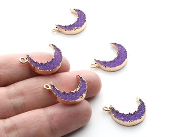 Druzy Earring Charms - Purple Resin Copper Earrings for Right Side - Moon Shaped Pendant  - 24.34x15.92x5.14mm - RC1007C