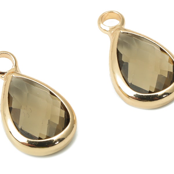 Glass Drop Earring Charms - Brass Teardrop Frame Pendant - Gold Tone Plated Brass - Faceted Glass - Jewelry Making - 13.7x7.4x3.5mm- GS1121G