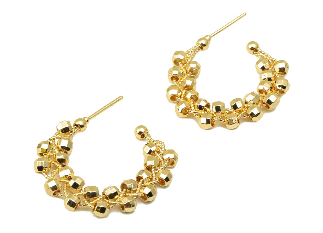 Brass Open Hoop Earring Stud - Beads Winding Chain Post - Beaded Hoop ...