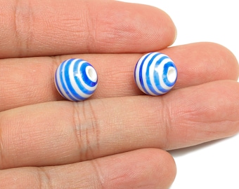 Blue Striped Ceramic Bead - Colorful Handmade Bead - Fun Glazed Pottery Bead for Bracelet - Summer Bead Jewelry DIY - 11.9x12x12mm - NS2858C