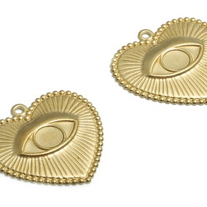 Brass Heart Earring Charms - Raw Brass Evil Eye Necklace Pendant - DIY Jewelry Making Supplies - 28.41x27.99x2.1mm- PP4726